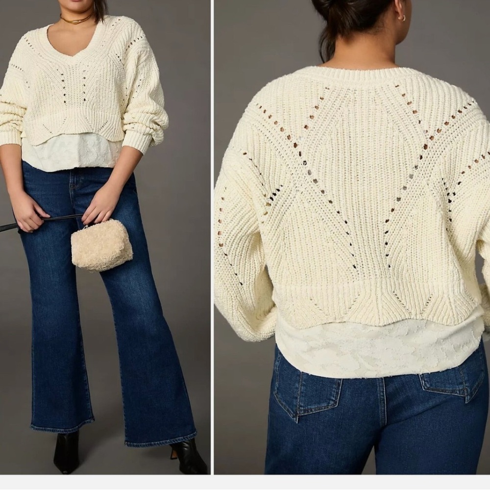 Anthropologie Chunky Knit Off White V-Neck Layered Sweater